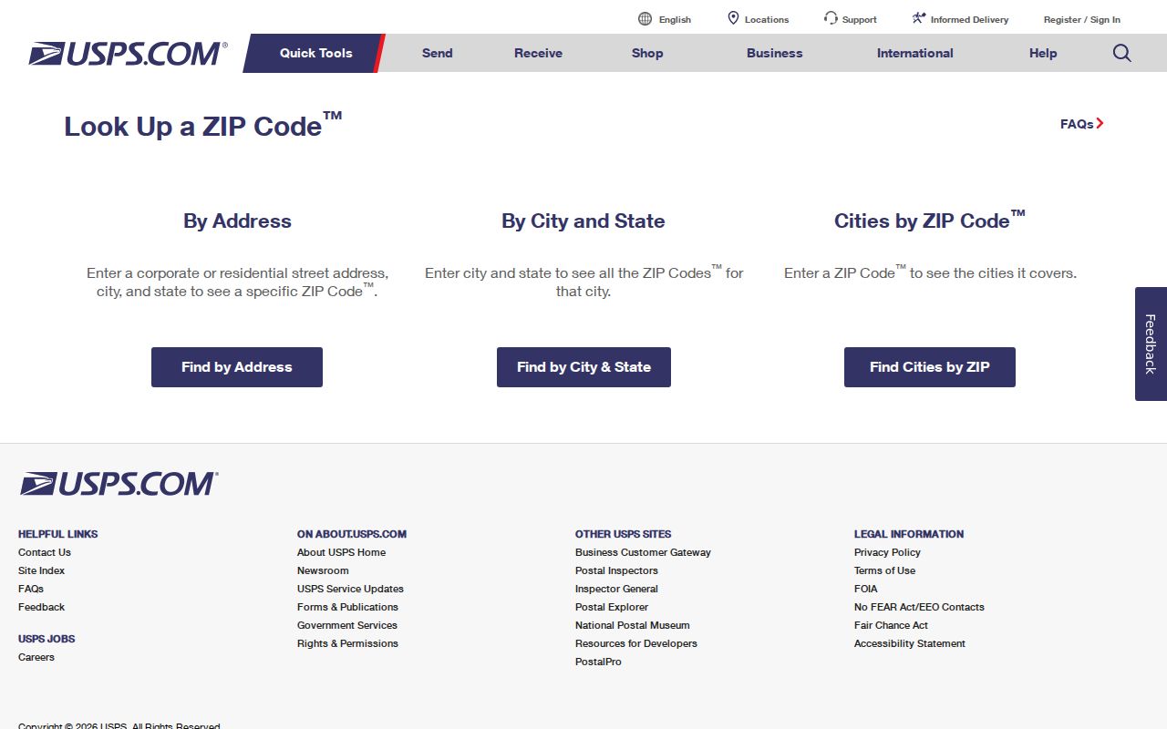 Delaware ZIP code directory USPS lookup screen